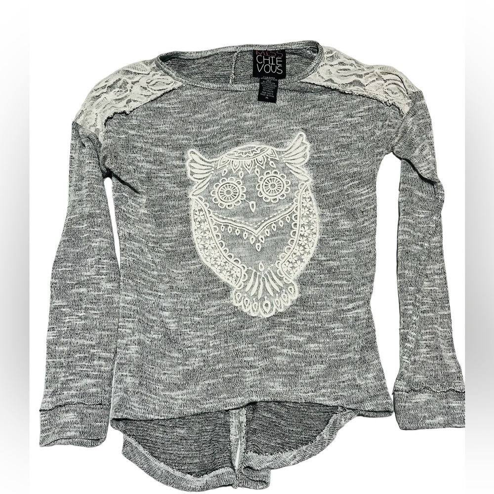 Miss Chievous Girls Grey Knit Lace Owl Long Sleeve Sweater Top XL 14/16